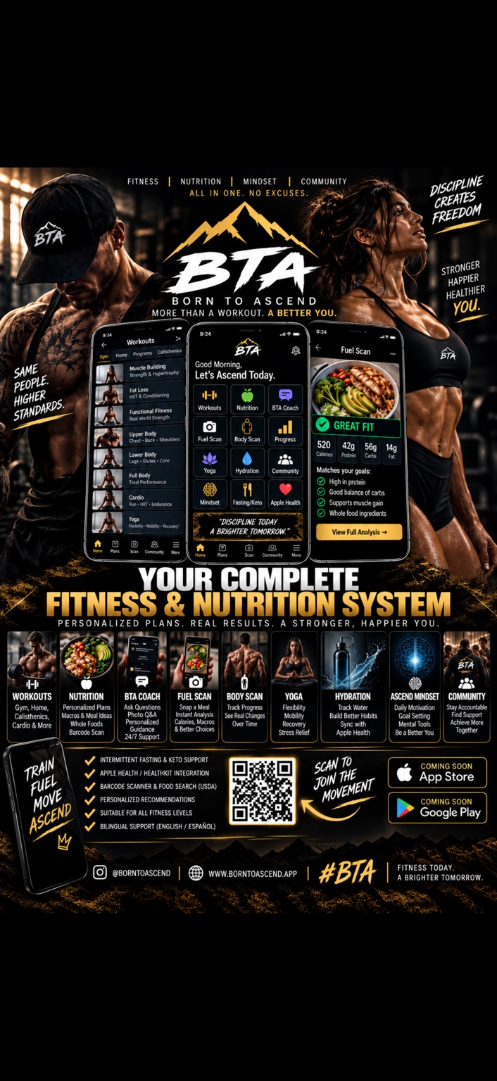 Born to Ascend concept artwork with three app phone previews for workouts, the home screen and Fuel Scan, plus images for workouts, nutrition, coaching, body progress, yoga, hydration, mindset and community